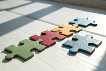 Puzzle pieces in a line on a white wooden surface