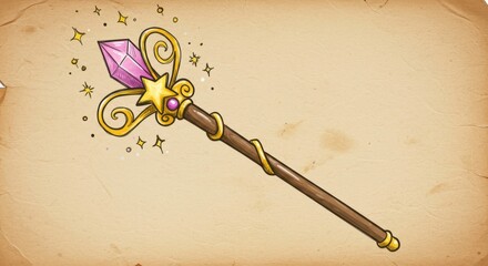 Mystical magic wand illustration with crystal and star for fantasy design projects