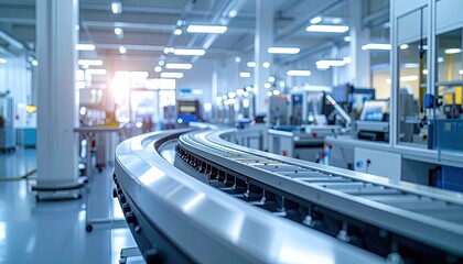 Fototapeta premium Bright White Factory Interior with Automated Conveyor System and Manufacturing Equipment Modern Industrial Scene with Blue and White Tones and Soft Lighting