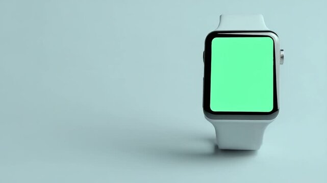 Smartwatch with Green Screen Display on Light Blue Background.