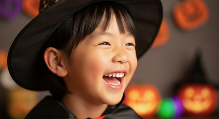 ハロウィンの衣装を着た笑顔の子ども