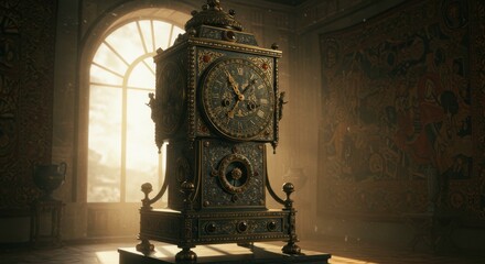 Ornate Antique Clock in a Grand Hall with Window Light, Mysterious Atmosphere