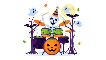 Halloween Musical Spectacle: A skeleton drummer, donned in a festive party hat, energetically performs on a drum set against a spooky Halloween backdrop.