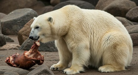 Polar bear contemplates a meaty treat amidst a rocky arctic landscape scene