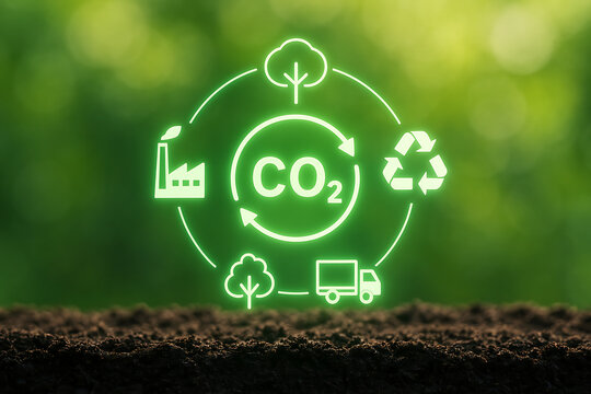Circular flow of carbon dioxide (CO2) from factory emissions to trees, recycling, and transportation, representing a closed-loop system for carbon neutrality and environmental sustainability