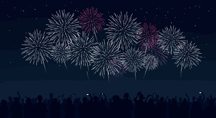 A vibrant display of colorful fireworks illuminates the night sky, captivating a silhouetted crowd during a festive celebration or special event with stunning pyrotechnics