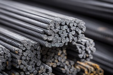 Close-up view of steel rebar stacks at a construction site under bright sunlight