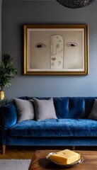 Cosy Living Room with Blue Sofa and Artistic Decor