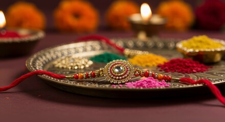 Raksha Bandhan celebration with rakhi, diya and traditional colorful powders display