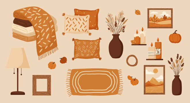 Autumn decor elements featuring blankets pillows vases candles frames and pumpkins