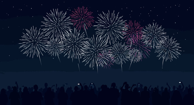 A vibrant display of colorful fireworks illuminates the night sky, captivating a silhouetted crowd during a festive celebration or special event with stunning pyrotechnics
