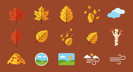Autumn icon set featuring leaves weather and scenery on a brown background