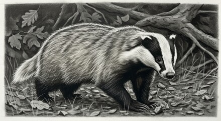Realistic charcoal drawing of a badger in a woodland setting captures the animal's essence