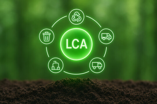Life cycle assessment (LCA) environmental concept demonstrating the circular economy with icons for waste, recycling, manufacturing, transport, and a green background
