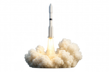 Rocket launching into space, leaving smoke trail, achieving progress and technological advancement with transparent background