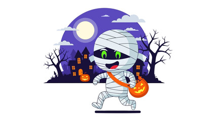 Mummy Kid's Halloween Adventure: A cheerful mummy kid joyfully strides through a spooky scene, embodying the playful spirit of Halloween against a backdrop of moonlit night and classic eerie elements.