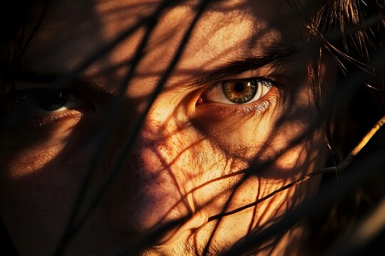 A dramatic view of the man s face partially illuminated by sunlight with the texture of the wool creating a sharp contrast - Powered by Adobe