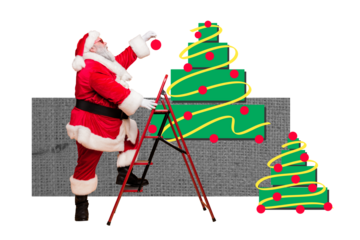 Composite photo collage of happy old santa claus man climb ladder decorate ball new year tree cartoon eve isolated on painted background