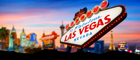 Welcome To Fabulous Las Vegas Sign With Beautiful City Lights at Sunset