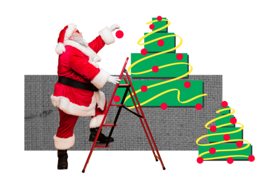 Composite photo collage of happy old santa claus man climb ladder decorate ball new year tree cartoon eve isolated on painted background