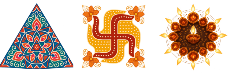 Traditional Diwali Symbol Rangoli with Swastika, Diya, and Geometric Motifs