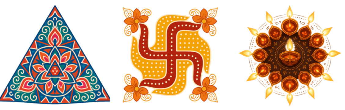 Traditional Diwali Symbol Rangoli with Swastika, Diya, and Geometric Motifs