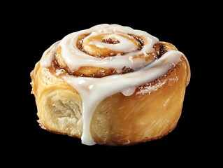 Delicious Cinnamon Roll with Icing on Black Background