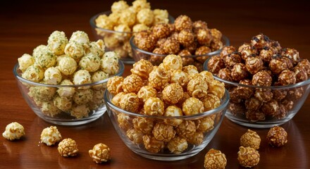 Variety of Gourmet Popcorn Flavors in Glass Bowls Displayed on Wooden Table