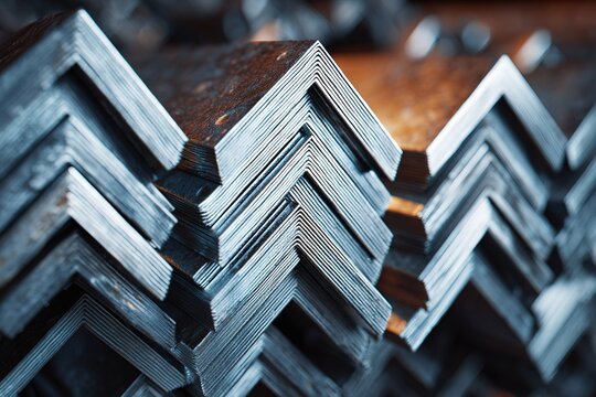 Metal angles stacked in a warehouse highlight the manufacturing process and raw materials used in construction projects