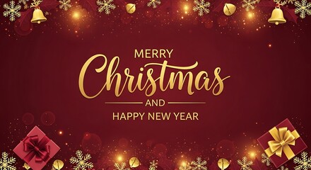 Naklejka premium Elegant merry christmas and happy new year greeting card with golden text, snowflakes, bells, and gift boxes on a festive red background for holiday cheer
