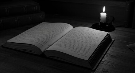 Vintage monochrome image of an open book illuminated by a candlelight on a wooden surface