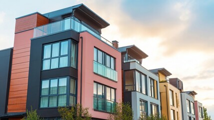 Modern apartment buildings transformed into tattoo designs at sunset,