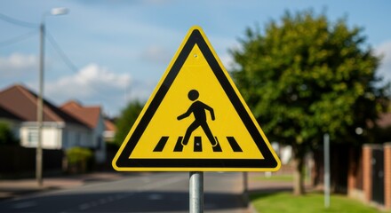 Warning sign indicates pedestrian crossing ahead on a suburban road with residential buildings and
