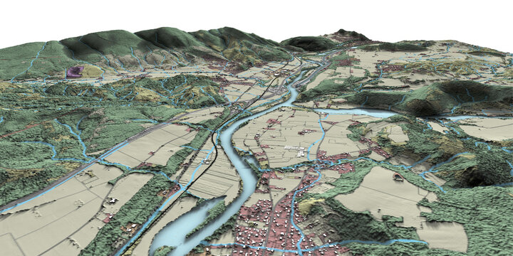 Concept de fond g&eacute;ographique - Donn&eacute;es lidar HD - Vue a&eacute;rienne de la topographie et occupation du sol d'un territoire - Rendu 3d mod&egrave;le num&eacute;rique de terrain et nuage de points Lidar HD