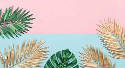 Tropical leaves arrangement on pastel pink and blue background,