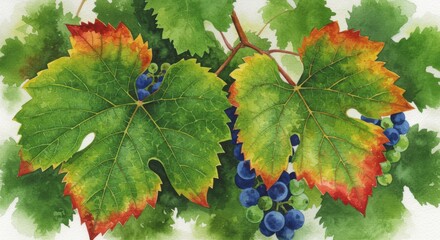 Watercolor painting featuring grape leaves and ripe grapes in a detailed composition