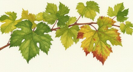Watercolor illustration showcasing the intricate details of grape leaves on a branch