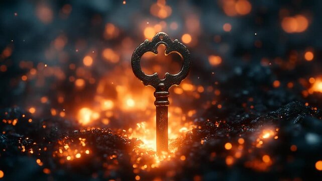 Mystical Ornate Key Standing in Glowing Fiery Embers.