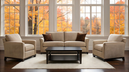 Fototapeta premium Elegant living room with large windows showing autumn foliage outside