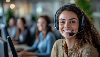 A young woman with curly brown hair smiles while wearing a headset in an office setting with colleagues in the background.