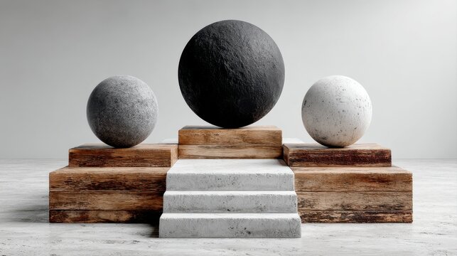 Three textured spheres on a multi-level wooden and concrete display grey black