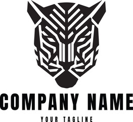 A fierce and stylized black and white vector logo of a panther or tiger's head, designed with bold, intricate geometric and tribal-style line patterns that form a striking mask-like effect.