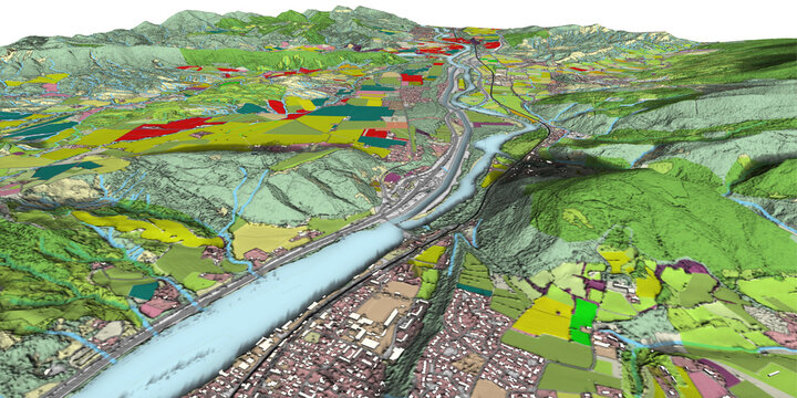 Concept de fond g&eacute;ographique - Donn&eacute;es lidar HD - Vue a&eacute;rienne de la topographie et occupation du sol d'un territoire - Rendu 3d mod&egrave;le num&eacute;rique de terrain et nuage de points Lidar HD