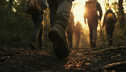 A group of people hike along a dark, earthy trail through a forest as the sun sets behind them, casting a golden light.