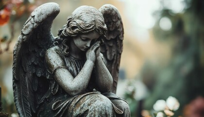 A detailed close-up depicts an aged stone angel sculpture, its wings spread, head bowed in a prayerful pose.