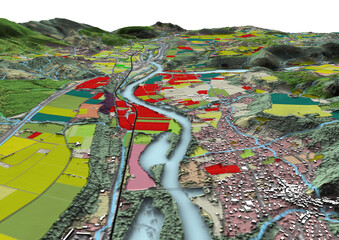 Concept de fond géographique - Données lidar HD - Vue aérienne de la topographie et occupation du sol d'un territoire - Rendu 3d modèle numérique de terrain et nuage de points Lidar HD