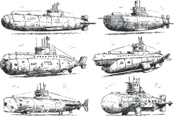Obraz premium Illustration of various submarine designs showcasing their unique features and purposes in naval exploration..