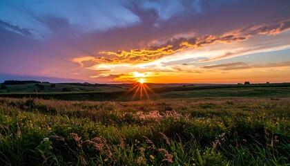 Vibrant sunset over a grassy field