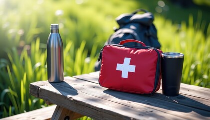 Outdoor Adventure Essentials First Aid Kit Water Bottle and Thermos in Greenery Nature Lifestyle Vibrant Scene