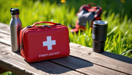 Outdoor Emergency Preparedness with First Aid Kit and Water Bottle Scenic Nature Background Vibrant Environment